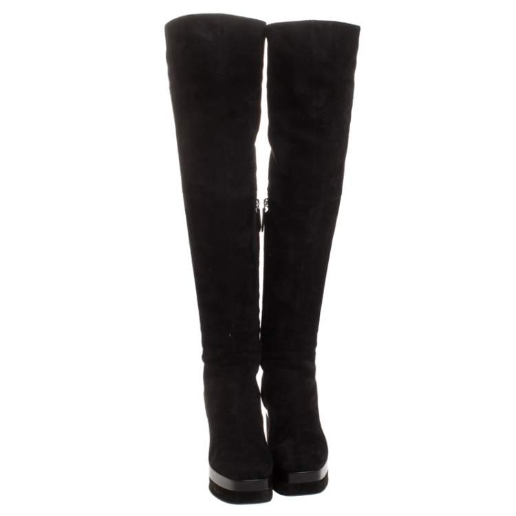 Pre Owned Hermes Black Suede And Leather Platform Wedge Over The Knee Boots Size 37