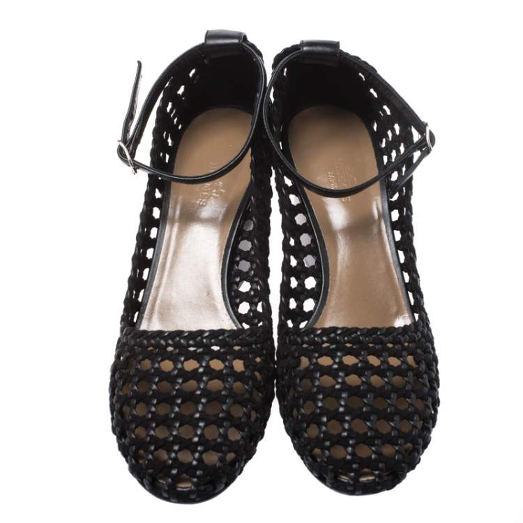 Pre Owned Hermes Black Woven Leather And Suede Block Heel Pumps Size 40