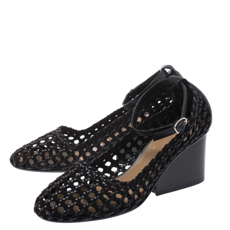 Pre Owned Hermes Black Woven Leather And Suede Block Heel Pumps Size 40