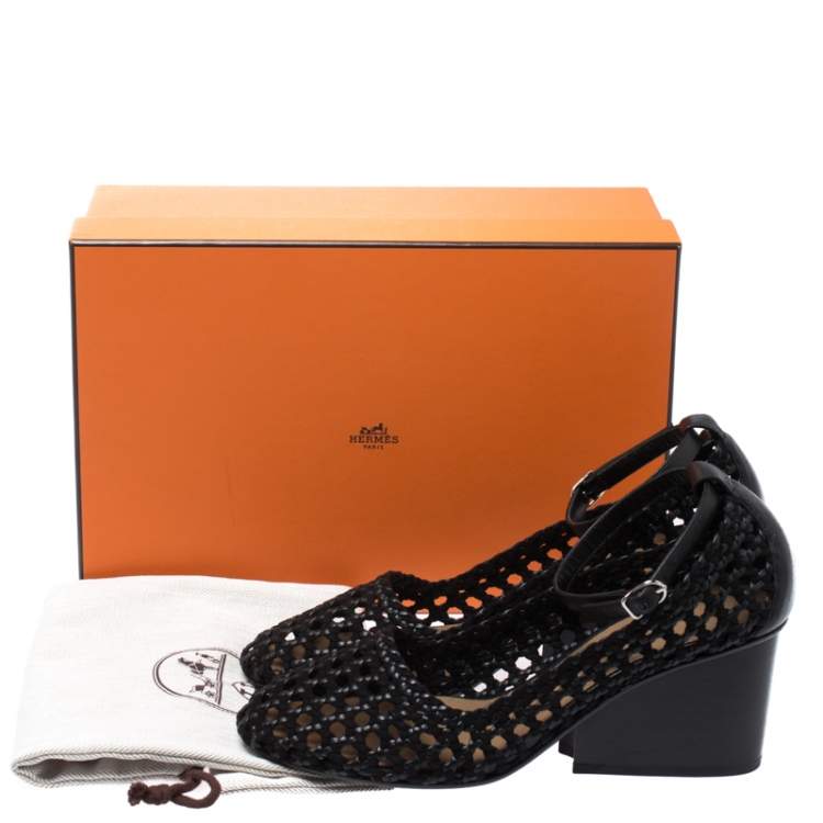 Pre Owned Hermes Black Woven Leather And Suede Block Heel Pumps Size 40