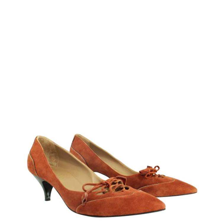 Pre Owned Hermes Brown Suede Pointed Toe Kitten Heels Pumps Size EU 38.5