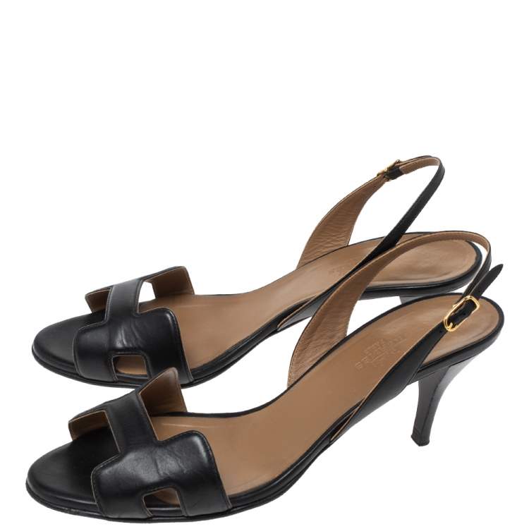 مملوكة مسبقًا Hermes Black Leather Night Slingback Sandals Size 39.5
