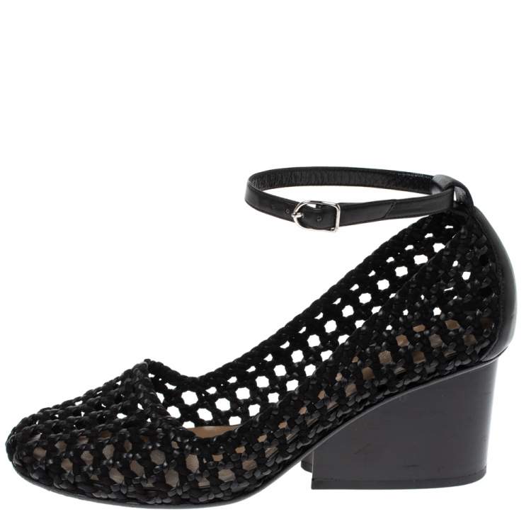Pre Owned Hermès Black Woven Leather And Suede Block Heel Pumps Size 39
