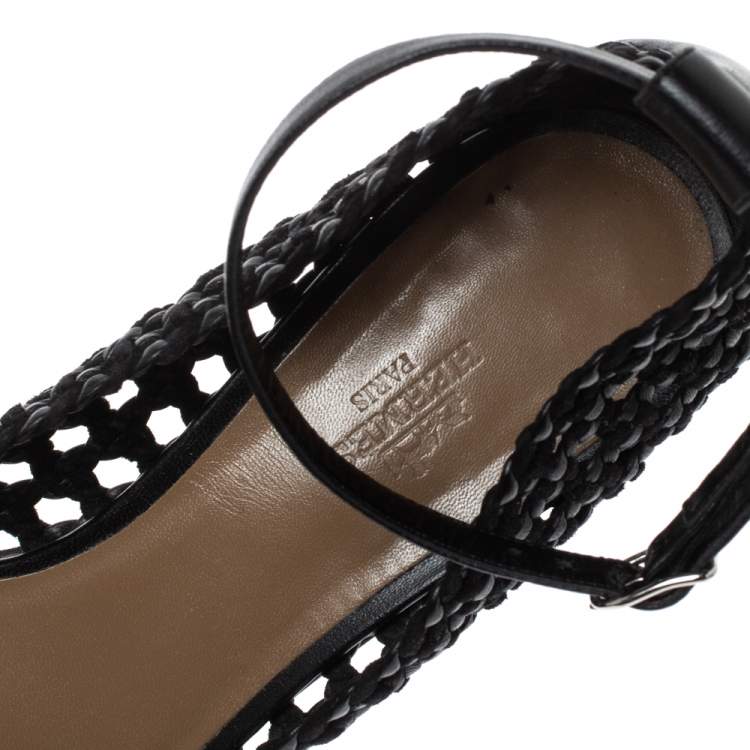 Pre Owned Hermès Black Woven Leather And Suede Block Heel Pumps Size 39
