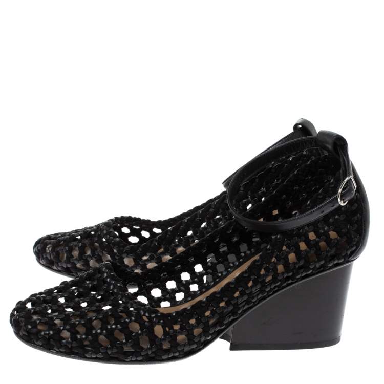Pre Owned Hermès Black Woven Leather And Suede Block Heel Pumps Size 39