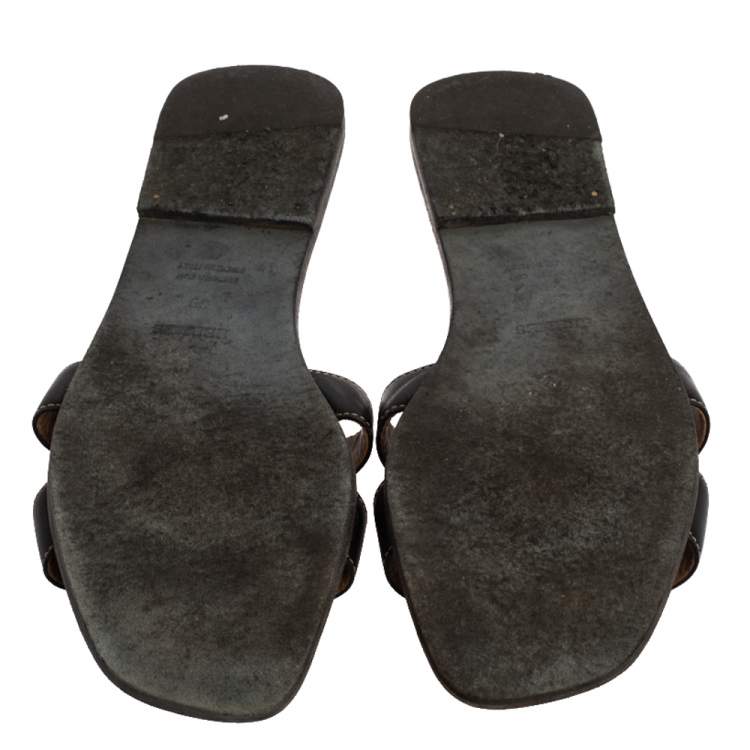 Pre Owned Hermes Black Leather Oran Flat Slides Size 39