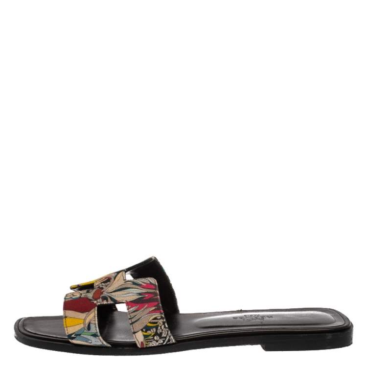 Pre Owned Hermes Multicolor Modernisme Tropical Print Canvas Oran Flat Slides Size 38