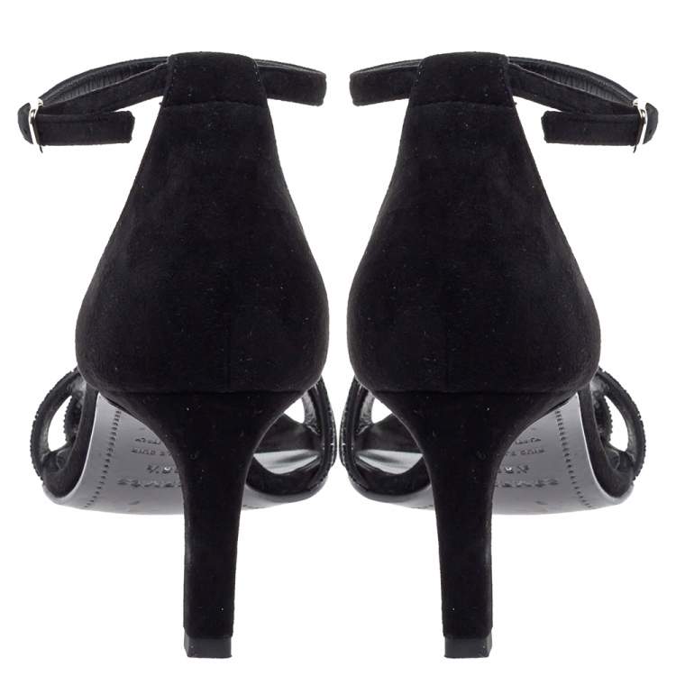 Pre Owned Hermes Black Suede Crystal Embellished Premiere Ankle Strap Sandals Size 38.5