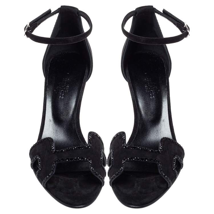 Pre Owned Hermes Black Suede Crystal Embellished Premiere Ankle Strap Sandals Size 38.5