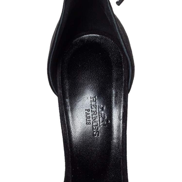 Pre Owned Hermes Black Suede Crystal Embellished Premiere Ankle Strap Sandals Size 38.5