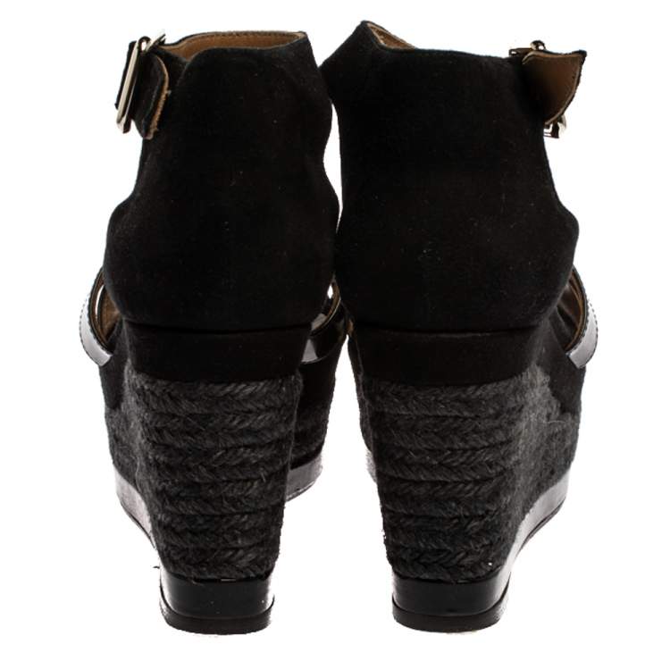 Pre Owned Hermes Black Suede and Patent Leather Ilana Espadrille Wedges Sandals Size 39