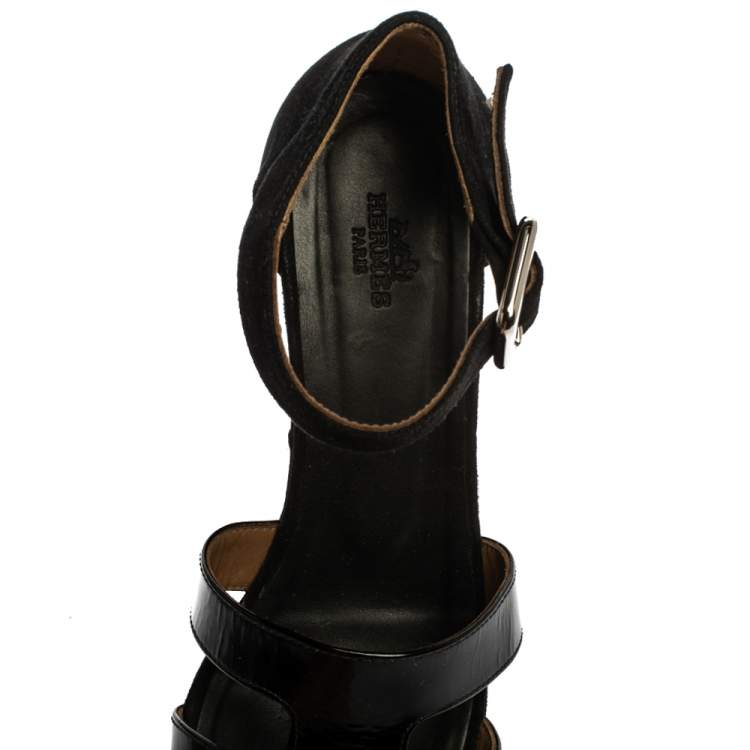 Pre Owned Hermes Black Suede and Patent Leather Ilana Espadrille Wedges Sandals Size 39