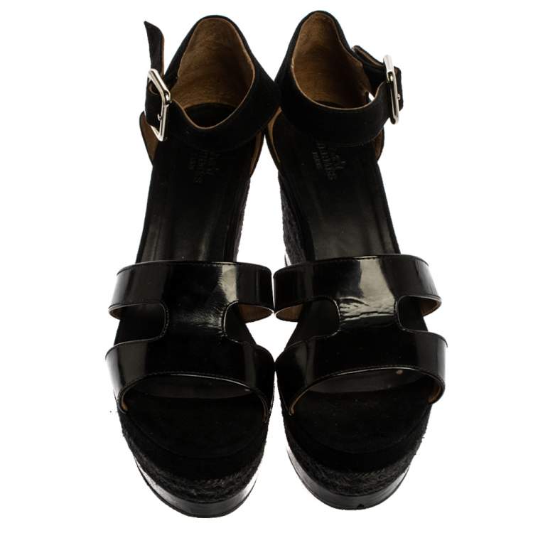 Pre Owned Hermes Black Suede and Patent Leather Ilana Espadrille Wedges Sandals Size 39