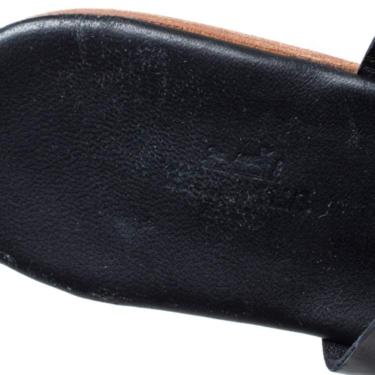 Pre Owned Hermes Black Leather Turn-Lock Embellished Ring Toe Flats Size 41
