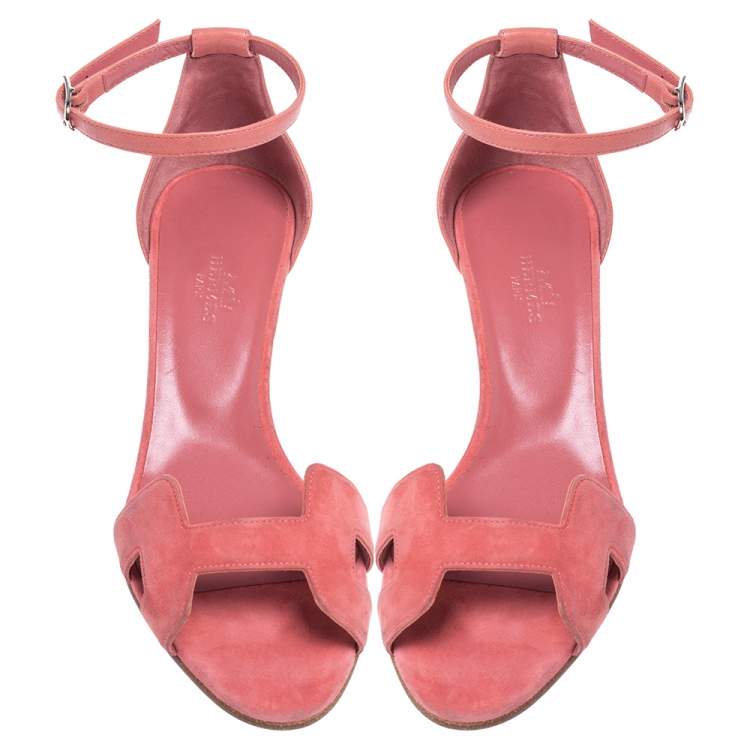 Pre Owned Hermes Pink Suede Leather Highlight  Ankle Strap Sandals Size 38.5
