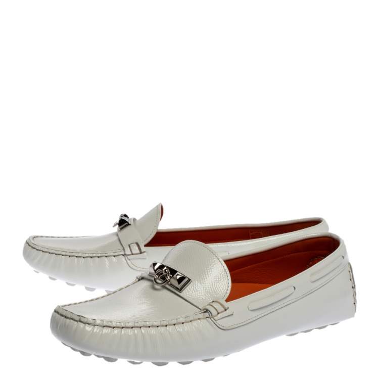 Pre Owned Hermes White Glossy Leather Irving Loafer Size 39