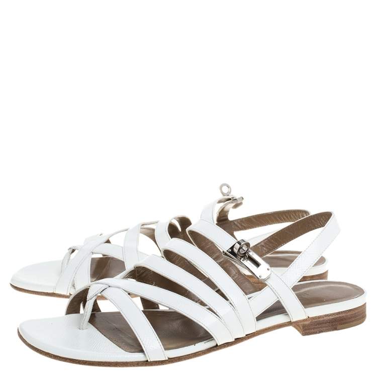 Pre Owned Hermes White Leather Marine Strappy Flat Sandals Size 38.5
