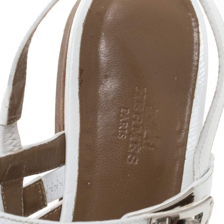 Pre Owned Hermes White Leather Marine Strappy Flat Sandals Size 38.5