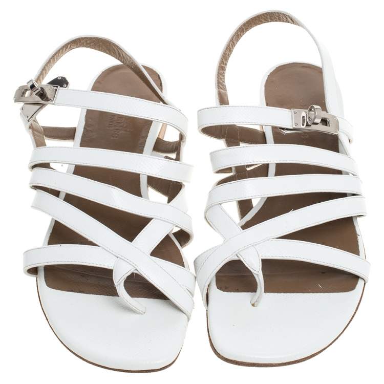 Pre Owned Hermes White Leather Marine Strappy Flat Sandals Size 38.5