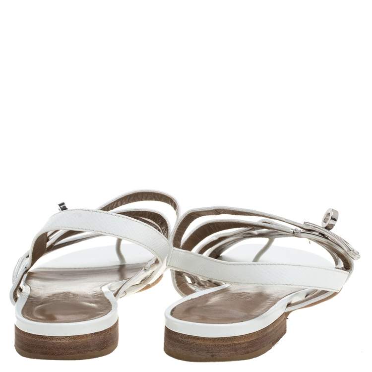 Pre Owned Hermes White Leather Marine Strappy Flat Sandals Size 38.5