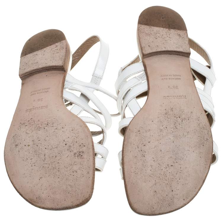 Pre Owned Hermes White Leather Marine Strappy Flat Sandals Size 38.5