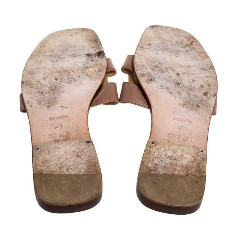 Pre Owned Hermes Beige Leather Oran Flat Slides Size 41
