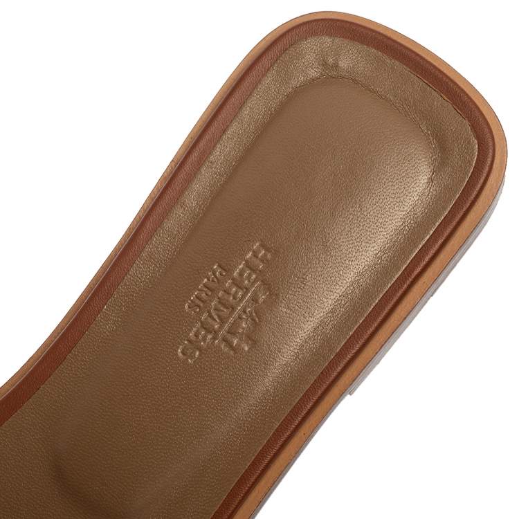 Pre Owned Hermes Brown Leather Oran Slide Sandals Size 40.5