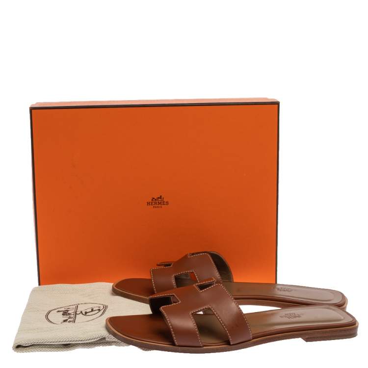 Pre Owned Hermes Brown Leather Oran Slide Sandals Size 40.5