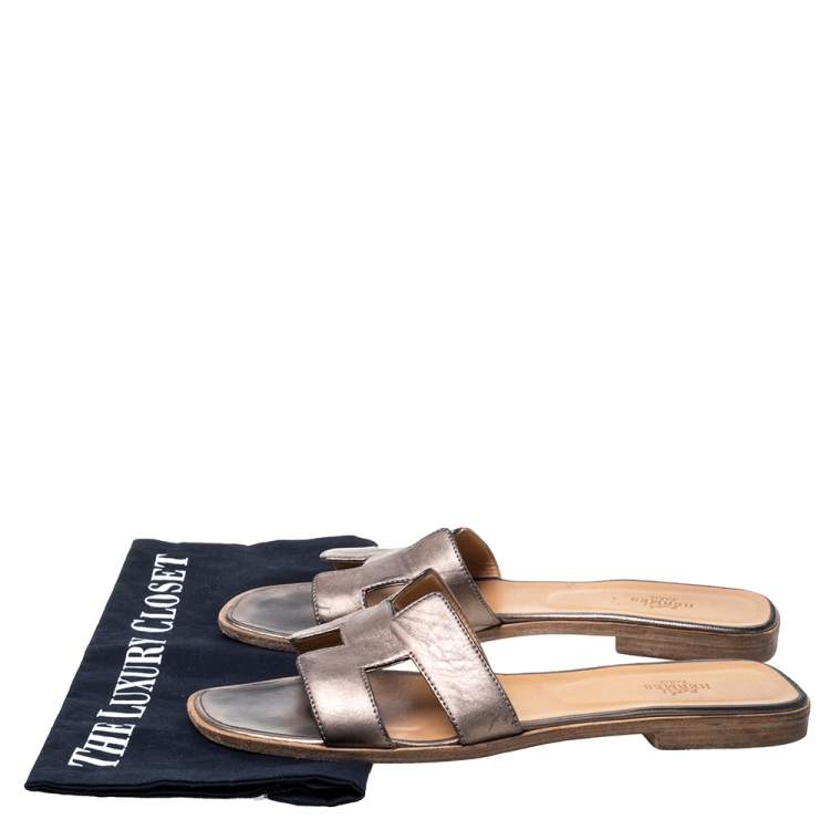 Pre Owned Hermes Metallic Brown Leather Oran Flats Size 40