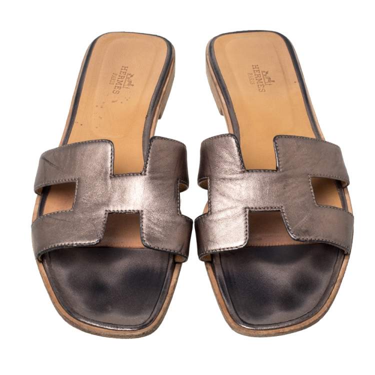 Pre Owned Hermes Metallic Brown Leather Oran Flats Size 40