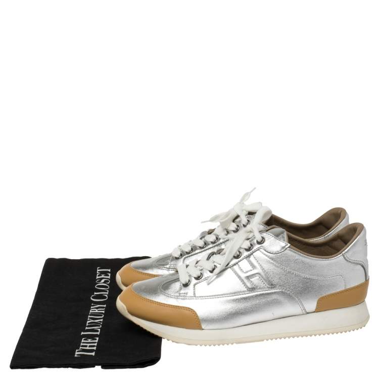 مملوكة مسبقًا Hermès Metallic Silver/Tan Leather Trail Low Top Sneakers Size 40