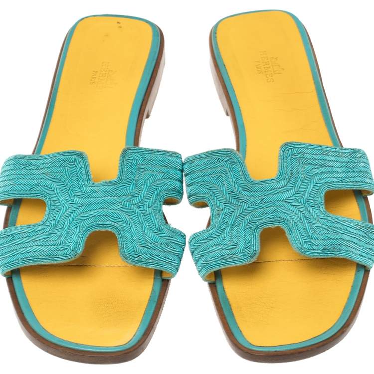 Pre Owned Hermes Blue Fabric Oran Flat Slides Size 41