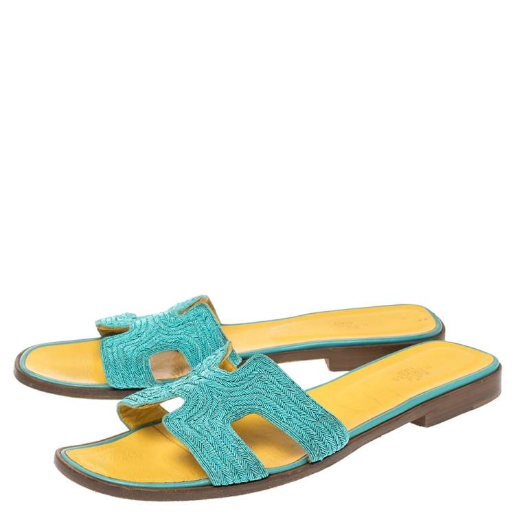 Pre Owned Hermes Blue Fabric Oran Flat Slides Size 41