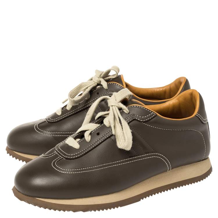 Pre Owned Hermes Brown Leather Lace Up Low Top Sneakers Size 40.2