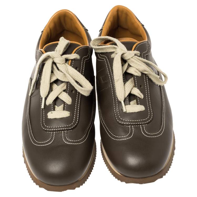 Pre Owned Hermes Brown Leather Lace Up Low Top Sneakers Size 40.2