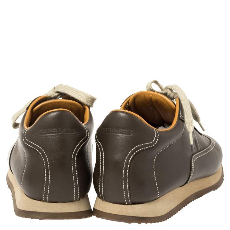 Pre Owned Hermes Brown Leather Lace Up Low Top Sneakers Size 40.2