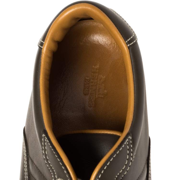Pre Owned Hermes Brown Leather Lace Up Low Top Sneakers Size 40.2