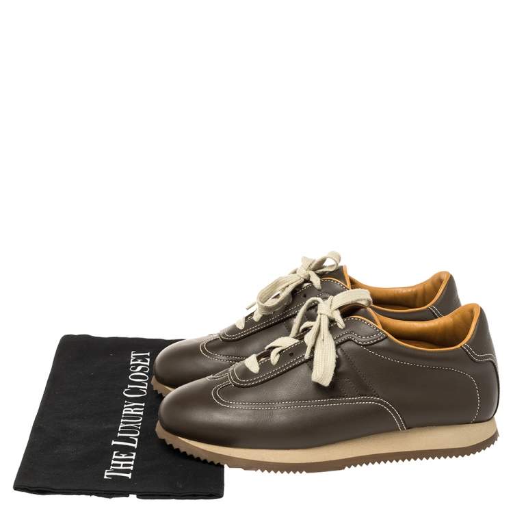 Pre Owned Hermes Brown Leather Lace Up Low Top Sneakers Size 40.2