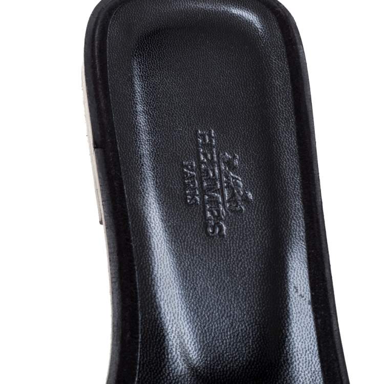 Pre Owned Hermes Black Glitter Leather Oran Flat Slides Size 38.5