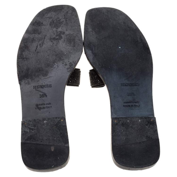 Pre Owned Hermes Black Glitter Leather Oran Flat Slides Size 38.5