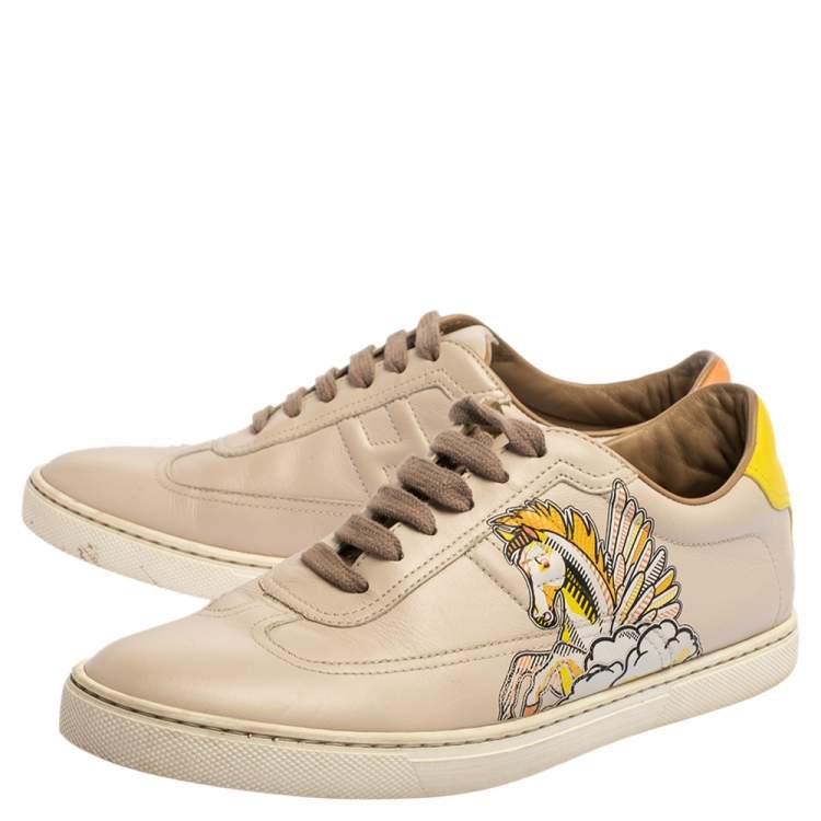 مملوكة مسبقًا Hermes Beige Pégase Pop Print Leather Quicker Low Top Sneakers Size 38