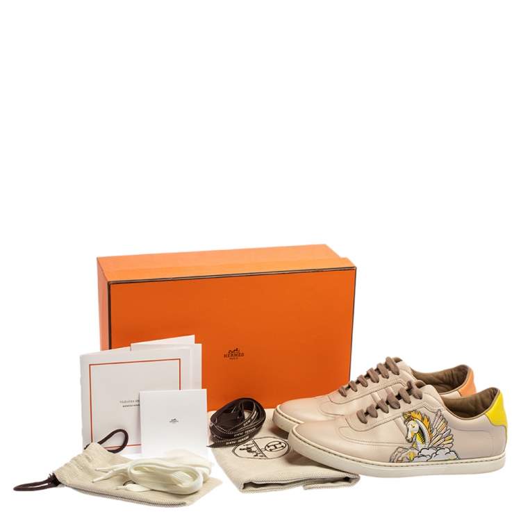 مملوكة مسبقًا Hermes Beige Pégase Pop Print Leather Quicker Low Top Sneakers Size 38