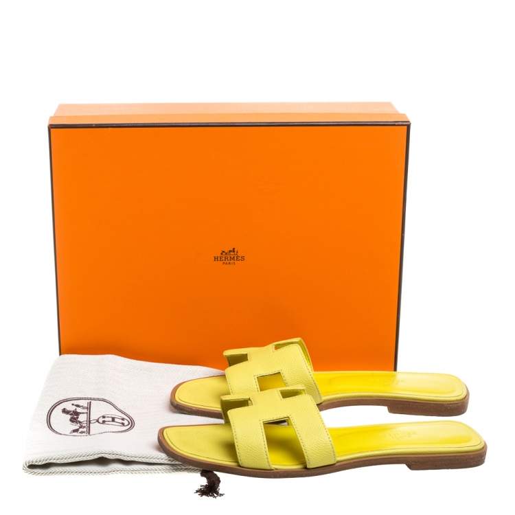 Pre Owned Hermes Yellow Leather Oran Flat Slides Size 37.5