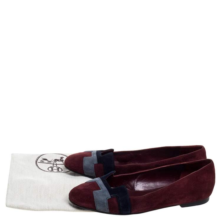 Pre Owned Hermes Burgundy Suede Nice Flats Size 36