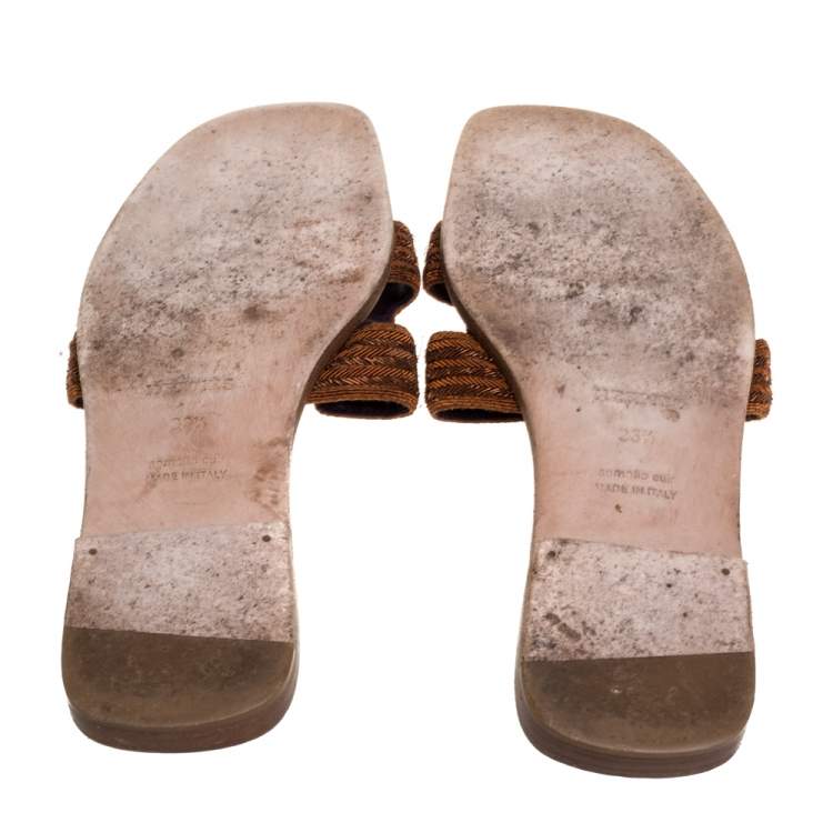 Pre Owned Hermes Brown Fabric Oran Flats Size 36.5