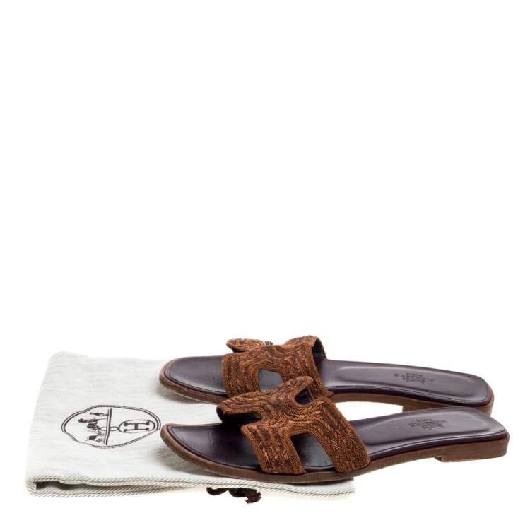 Pre Owned Hermes Brown Fabric Oran Flats Size 36.5