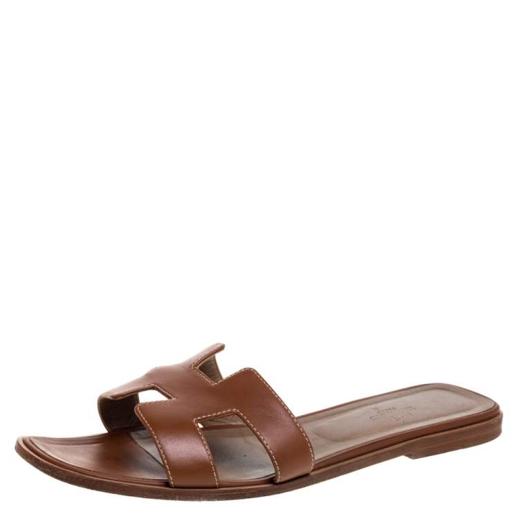 Pre Owned Hermès Brown Leather Oran Flats Size 41.5