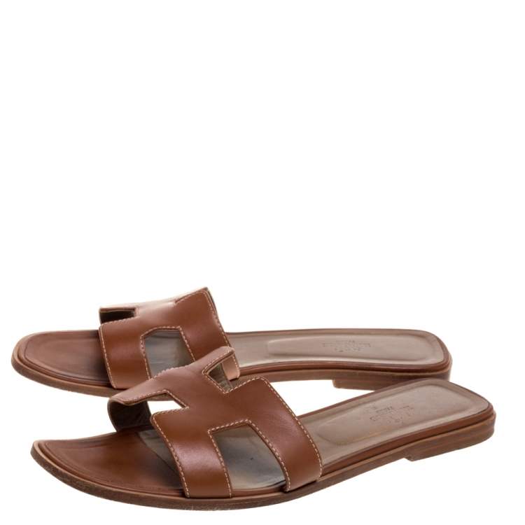 Pre Owned Hermès Brown Leather Oran Flats Size 41.5