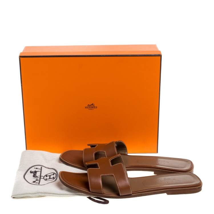 Pre Owned Hermès Brown Leather Oran Flats Size 41.5