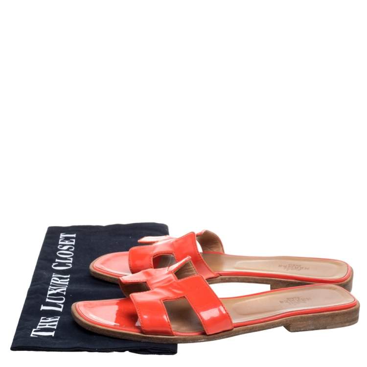 Pre Owned Hermes Orange Patent Leather Oran Flats Size 38